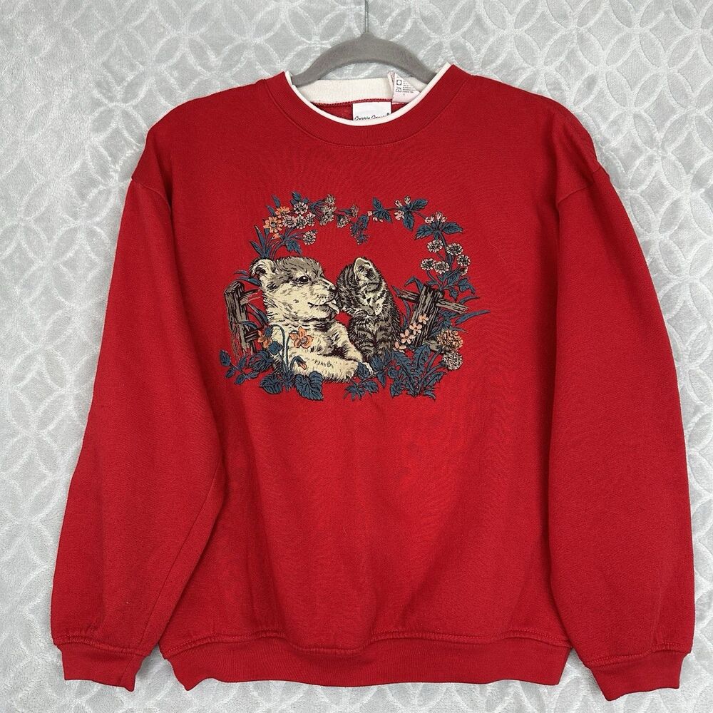 Vtg 90s Puppy Kitten Crewneck Sweatshirt Womens Small Red Dog Cat Granny Novelty